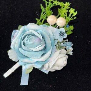 Prom matching corsage and boutonniere   Blue and White Floral (Brooch and wrist)